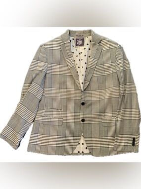 Gray Plaid Single-Breasted Blazer with Polka Dot Lining